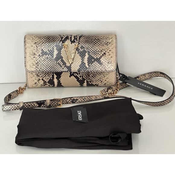 Versace Virtus Leather Brown Wallet on Chain Shoulder Bag 1006364 IT NWT $1275 - Picture 3 of 15
